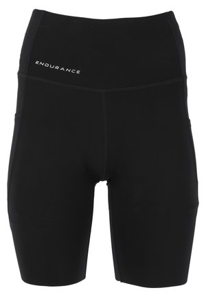 Schwarze sportliche Shorts mit einem figurnahen Design, aus dehnbarem Material. Verfügt über einen hohen Bund und Seitentaschen. Markenlogo sichtbar.