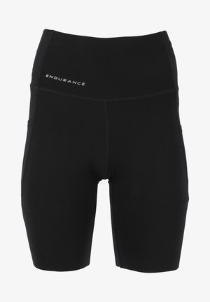 Shorts de sport noirs avec un design ajusté, fabriqués à partir d'un matériau extensible. Comprend une taille haute et des poches latérales. Logo de la marque visible.
