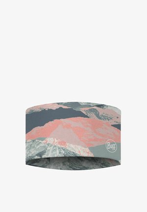 Buff hoofdband van zacht, rekbaar materiaal met een meerkleurig bergpatroon in grijze, roze en beige tinten. Ronde vorm.