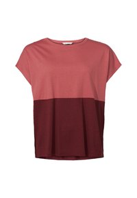 Camiseta de manga corta con bloques de color en tonos claro y oscuro de rojo. Fabricada con tela suave, cuenta con un escote redondo y un corte relajado.