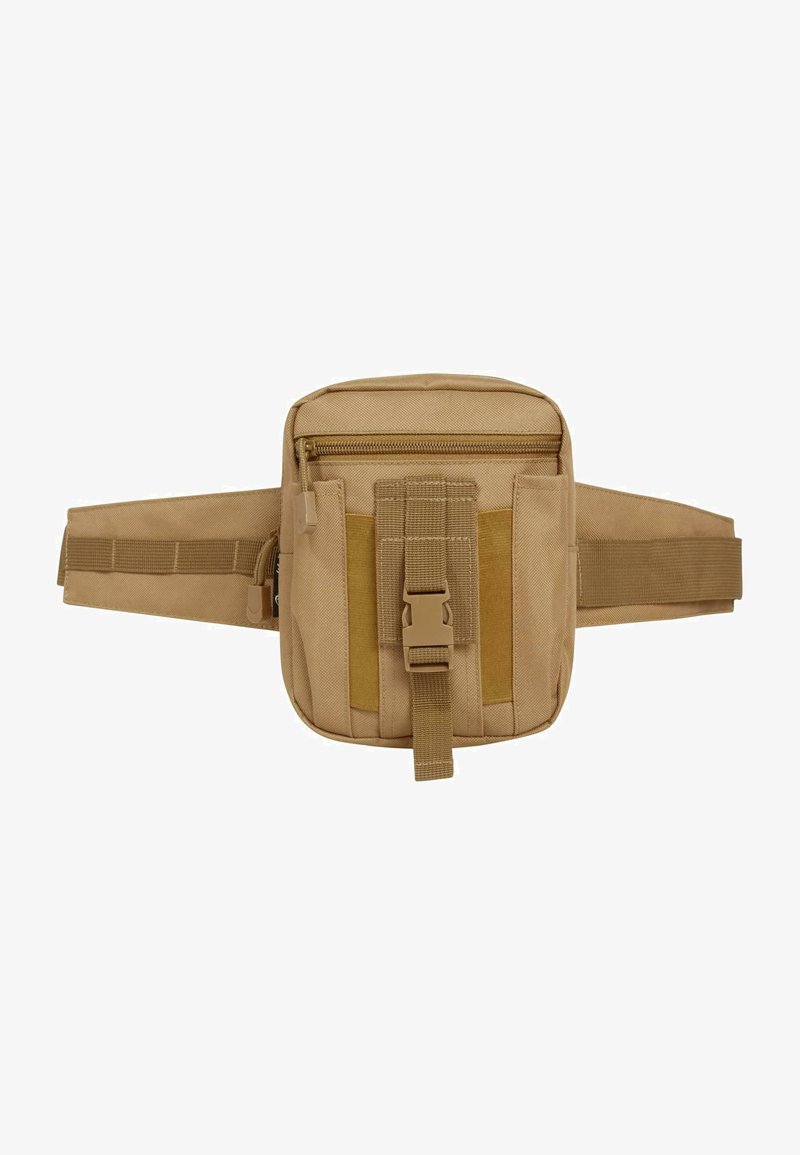 Beige rechthoekige tactische heuptas met een hoofdcompartiment met rits, een voorvak en een verstelbare schouderband. Voorzien van duurzame stof en een kliksluiting.