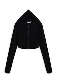 Giacca nera cropped con maniche lunghe, chiusura con zip e cappuccio foderato. Realizzata in tessuto liscio, presenta un design minimalista.