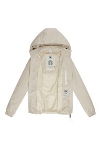 Beżowa kurtka z kapturem, z rozpiętym przodem, elastycznymi mankietami, pionową kieszenią na zamek wewnątrz oraz nadrukowanymi etykietami na podszewce.