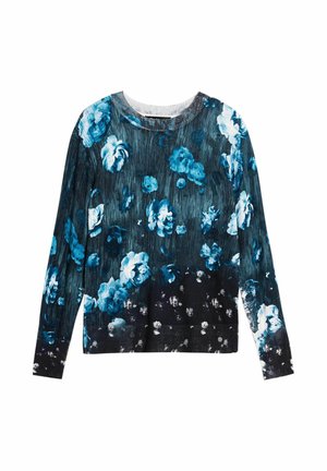 Floral-patterned pullover with a black and blue gradient. Long sleeves, round neckline, and textured fabric with dark blue and white flower designs.