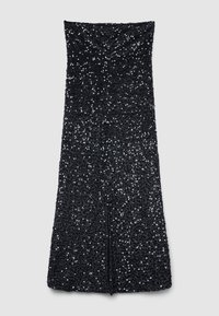 Schwarzes, trägerloses Kleid, das mit schwarzen Pailletten bedeckt ist, bodenlang mit geradem Schnitt.