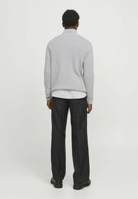 Maglione grigio con colletto alto, indossato sopra una camicia bianca a righe. I pantaloni neri e le scarpe scure completano l'outfit.