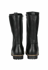Black leather knee-high boots with a smooth texture, back zippers, and rugged soles. Features a subtle seam detail along the shaft.