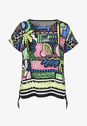 Korte mouwen shirt met kleurrijke abstracte patronen, palmboomontwerpen en de tekst "EINDLOOS ZOMER" op een zwart-wit gestreepte zoom.
