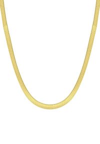 Goudkleurige ketting met een platte, geweven schakeldesign. Beschikt over een gladde, metalen textuur en een uniforme, ronde vorm door het hele ontwerp.