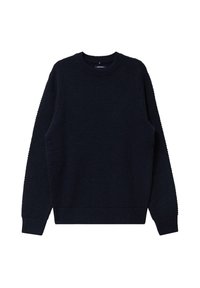 Tummansininen neulepaita, jossa on teksturoitu kuvio, pyöreä kaula-aukko ja ribbireunat hihoissa ja helmassa. Kangas vaikuttaa pehmeältä ja paksulta.