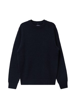 Suéter de punto azul marino oscuro con un patrón texturizado, cuello redondo y puños y dobladillo acanalados. La tela parece suave y gruesa.