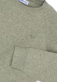 Maglione verde chiaro realizzato in morbido materiale a maglia, con scollo rotondo, polsini a coste e un dettaglio discreto con logo sul petto.