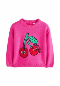 Maglione rosa brillante con due ciliegie rosse sorridenti, gambi e foglie verdi, e il testo "BERRY COOL" sulla parte anteriore.
