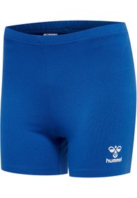Blaue Sportshorts aus glattem Stoff, mit einem Bund und einem weißen Markenlogo auf der linken unteren Seite.