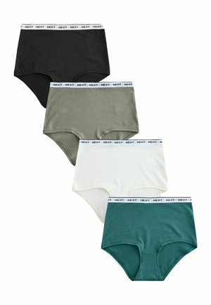 Vier Damenunterhosen mit hohem Bund in Schwarz, Olivgrün, Weiß und Blaugrün, jeweils mit einem weißen Taillenbund, auf dem "NEXT" steht.