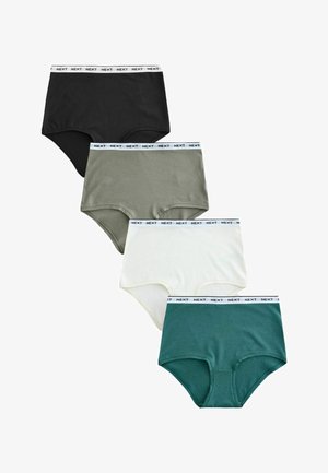 Fire par højtaljede dameunderbukser i sort, olivengrøn, hvid og blågrøn, hver med en hvid elastik i taljen mærket "NEXT."