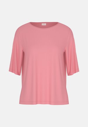 Weiches rosa Kurzarmhemd mit rundem Ausschnitt und lockerer Passform, präsentiert vor weißem Hintergrund.