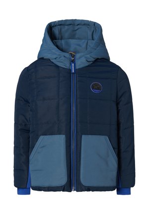 Granatowa kurtka puchowa z kapturem, z pikowanym wzorem, niebieskimi akcentami, dwiema kieszeniami z przodu i zapięciem na zamek.