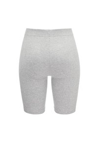 Gray ribbed shorts with a high waistband, a fitted design, and seamless stitching along the legs. Soft, stretchy fabric.