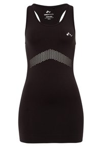 Camiseta deportiva negra sin mangas hecha de tela elástica, con un panel de malla en un patrón de diamante en el pecho y un escote redondeado.