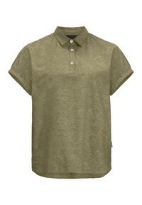 Polo a maniche corte di colore verde oliva, con una chiusura a bottoni, colletto e motivo testurizzato con sottili forme geometriche.