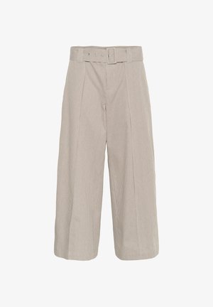 Beige weit geschnittene Hose mit vertikalen Nadelstreifen, ausgestattet mit einem Gurtbund, Knopfverschluss und Seitentaschen. Hergestellt aus einem strukturierten Stoff.