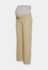 Calças de maternidade em bege com uma faixa de jersey cinza suave. Apresentam um corte descontraído, pernas retas e bolsos laterais para conforto e facilidade.