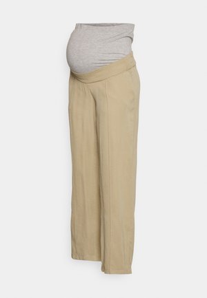 Calças de maternidade em bege com uma faixa de jersey cinza suave. Apresentam um corte descontraído, pernas retas e bolsos laterais para conforto e facilidade.