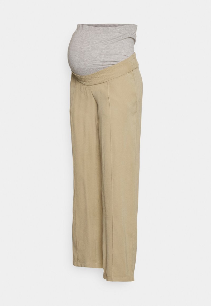 Calças de maternidade em bege com uma faixa de jersey cinza suave. Apresentam um corte descontraído, pernas retas e bolsos laterais para conforto e facilidade.