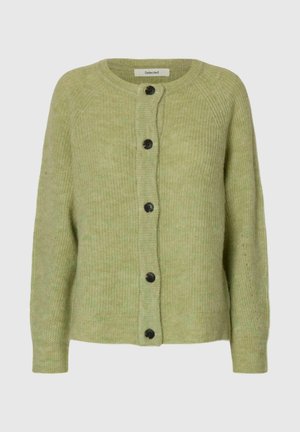 Lichtgroene gebreide cardigan met vijf zwarte knopen aan de voorkant en lange mouwen.