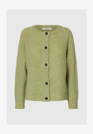 Lichtgroene gebreide cardigan met vijf zwarte knopen aan de voorkant en lange mouwen.