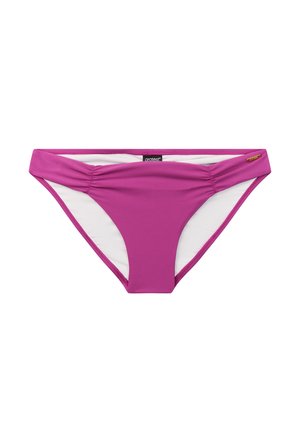 Paarse bikinibroekje met een gladde textuur, voorzien van geplooide zijdetails en een witte binnenvoering. Het merkteken is zichtbaar op de tailleband.