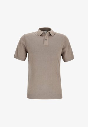 Kurzärmeliges hellbraunes Poloshirt mit zwei Knöpfen und geripptem Kragen sowie Saum, auf weißem Hintergrund dargestellt.