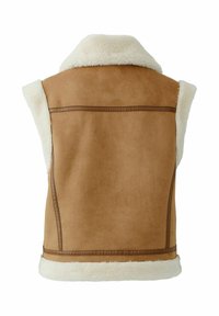 Braune Wildleder-Weste ohne Ärmel mit weißem Kunstfellfutter und Kragen, von hinten auf einem weißen Hintergrund gezeigt.