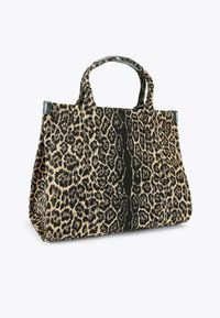 Borsa a spalla con stampa leopardata, esterno in tessuto, motivo nero e beige, hardware verde a contrasto, due manici e forma strutturata.