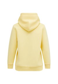 Gelbe Kapuzenjacke aus weichem Stoff, mit einer gemütlichen Kapuze, Rippbündchen und Saum. Glatte Textur ohne sichtbare Muster oder Akzente.