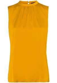 Ärmelloses Oberteil in einem lebendigen Gelbton, mit einem runden Ausschnitt, Falten an der Vorderseite und einem diskreten Reißverschluss auf der Rückseite. Glatte Stofftextur.
