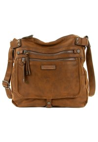 Brun läder axelväska med flera dragkedjefickor, justerbar rem och dekorativa metallaccenter. Mjuk textur och rundad form.