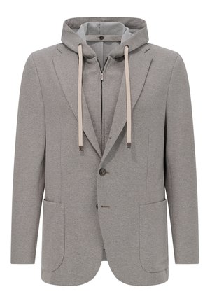 Blazer gris con capucha desmontable, hecho de tejido suave. Cuenta con dos bolsillos frontales, cierre de botón y cordones en la capucha.