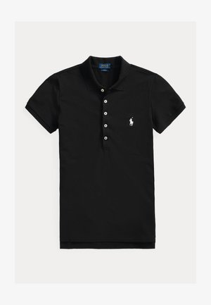 Crna polo majica s kratkim rukavima, ovratnikom, pet bijelih gumba i bijelim izvezenim logotipom igrača polo na lijevoj strani prsa.