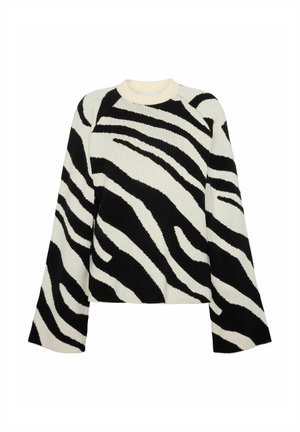 Melnbalts zebras raksts adīts džemperis ar noapaļotu kakla izgriezumu un zvana piedurknēm, kas izgatavots no mīksta, teksturēta auduma.