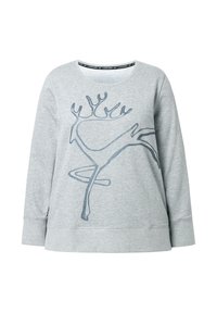 Sudadera gris de manga larga, con un gráfico de reno azul en la parte delantera. Fabricada en una tela suave con un corte holgado y cuello redondo.
