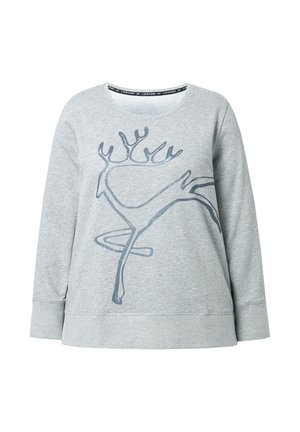 Grå sweatshirt med lange ærmer, der har et blåt rensdyrgrafik på forsiden. Lavet af blødt stof med en afslappet pasform og rund halsudskæring.