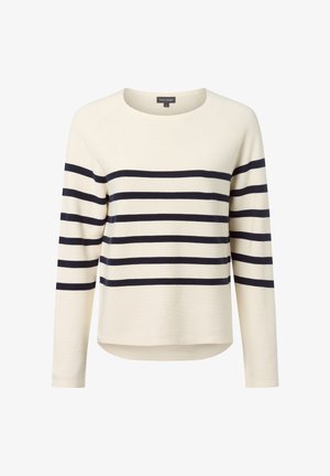 Sweter z długim rękawem w kolorze kremowym z granatowymi poziomymi paskami. Miękka dzianina, luźny krój i lekko zaokrąglony dół.