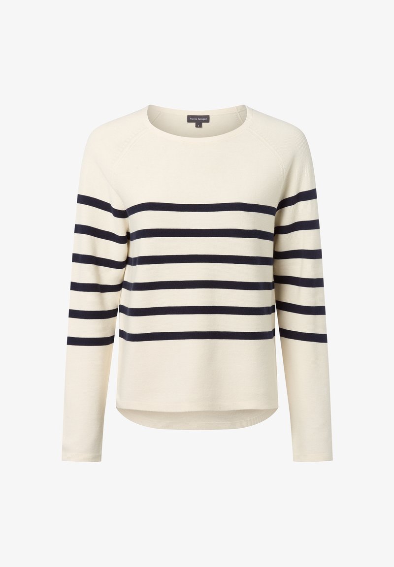 Sweter z długim rękawem w kolorze kremowym z granatowymi poziomymi paskami. Miękka dzianina, luźny krój i lekko zaokrąglony dół.