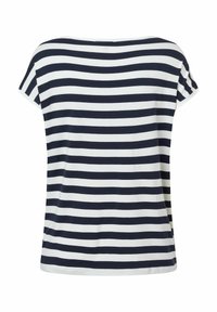 Gestreepte shirt in marineblauw en wit, korte mouwen, relaxte pasvorm, ronde halslijn, de stof lijkt zacht en comfortabel, met een gladde textuur.