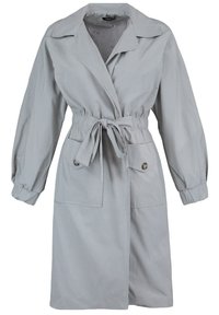 Grauer Trenchcoat aus leichtem Stoff, mit einem Gürtel, zwei vorderen Taschen und einem Kragen. Lange Ärmel mit gerafften Säumen.