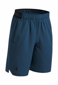 Sinised kergekaalulised spordipüksid, millel on elastne vöökoht "Under Armour" logoga, küljetaskud ja peen tekstuur.