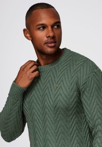 Ciemnozielony sweter dziany z teksturowanym wzorem w jodełkę, okrągłym dekoltem i małym logo na piersi. Detale w warkocze na rękawach.