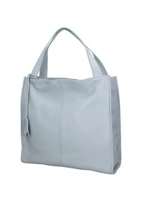 Sac cabas en cuir bleu clair avec deux anses robustes, présentant une surface texturée et des coutures décoratives à l'avant.